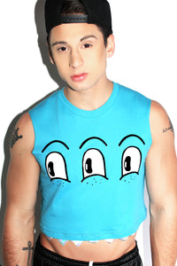 Triple Eyes Monster Crop Tank-Teal