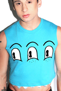 Triple Eyes Monster Crop Tank-Teal
