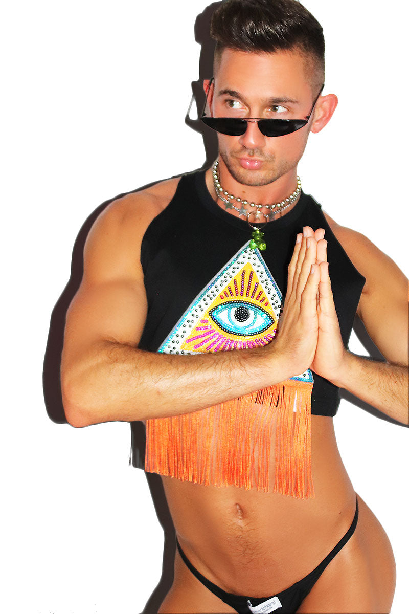 Pyramid Fringe Halter Crop Tank- Black