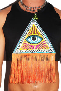 Pyramid Fringe Halter Crop Tank- Black