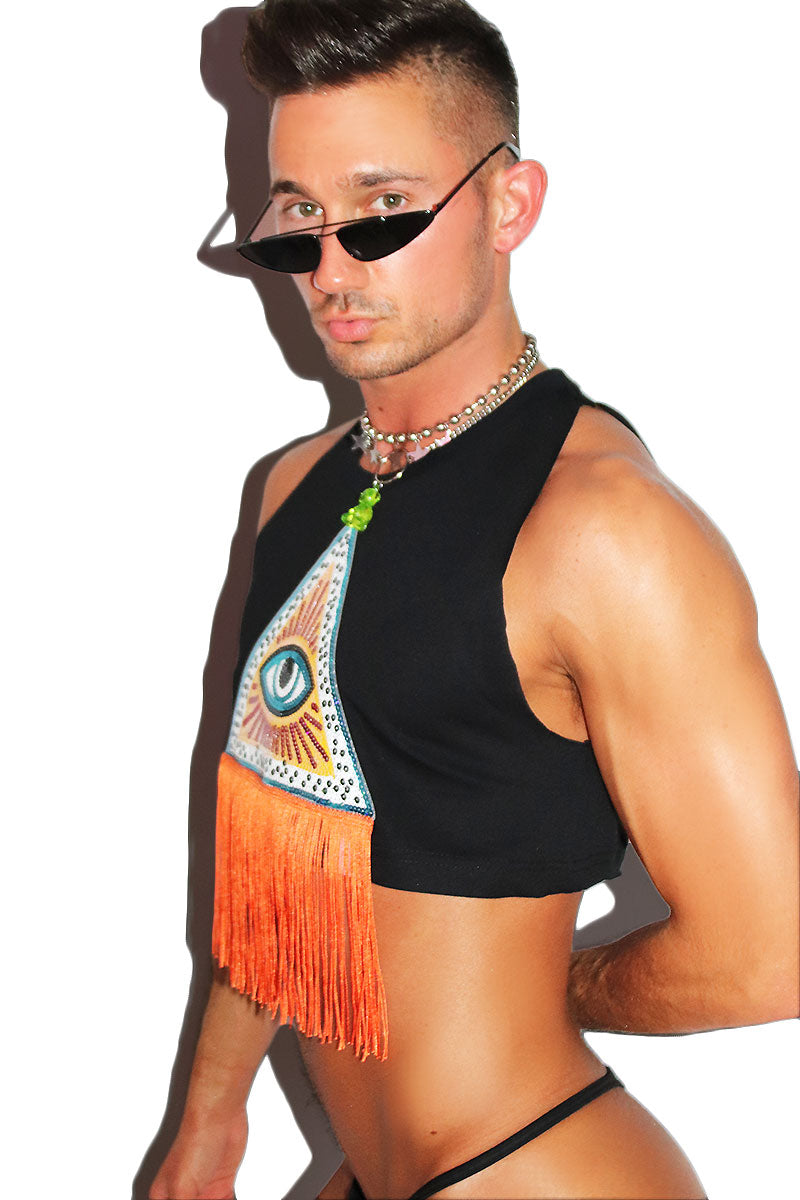 Pyramid Fringe Halter Crop Tank- Black