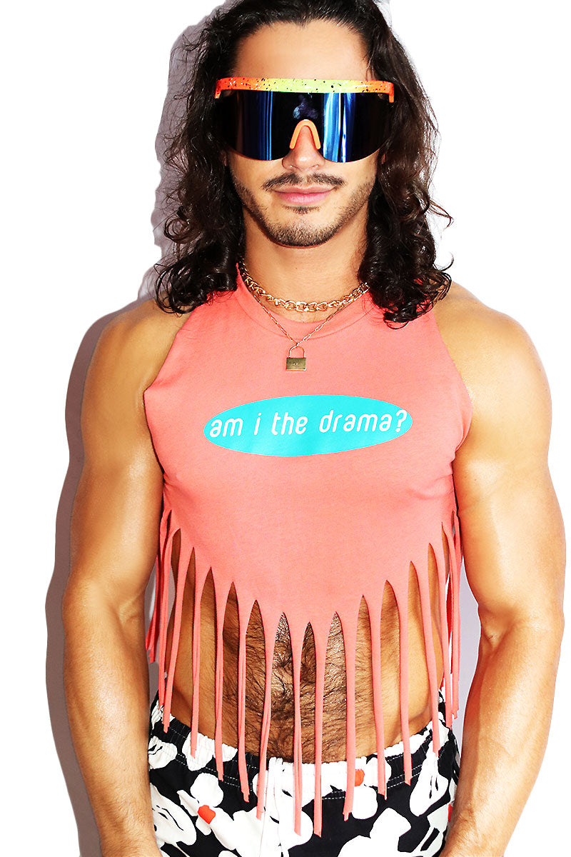 Am I The Drama Fringe Halter Valley Crop Tank- Coral