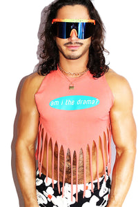 Am I The Drama Fringe Halter Valley Crop Tank- Coral
