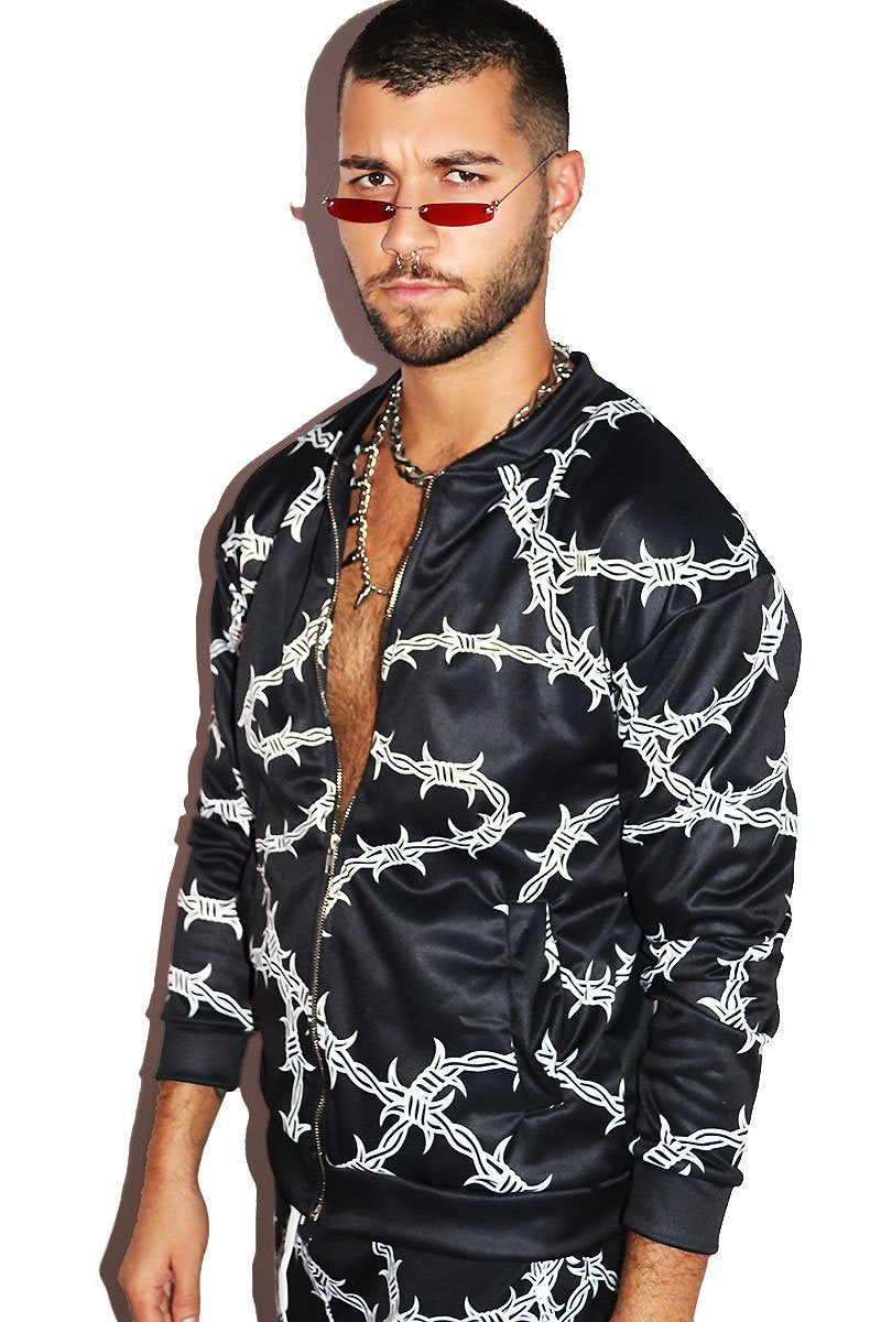 Barb Wire All Over Print Bomber Jacket-Black