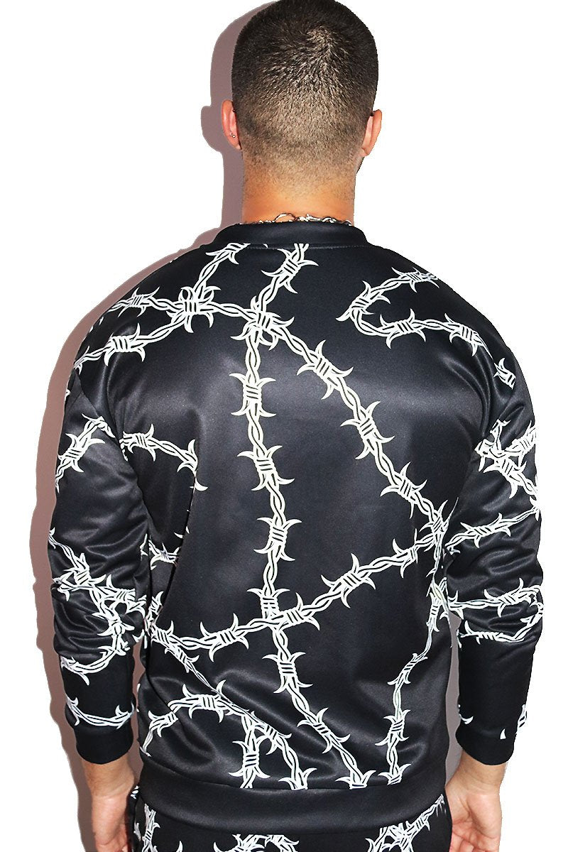 Barb Wire All Over Print Bomber Jacket-Black