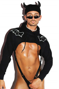 Bat Wing Harness Hoodie Strap Thong Bodysuit- Black