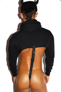 Bat Wing Harness Hoodie Strap Thong Bodysuit- Black