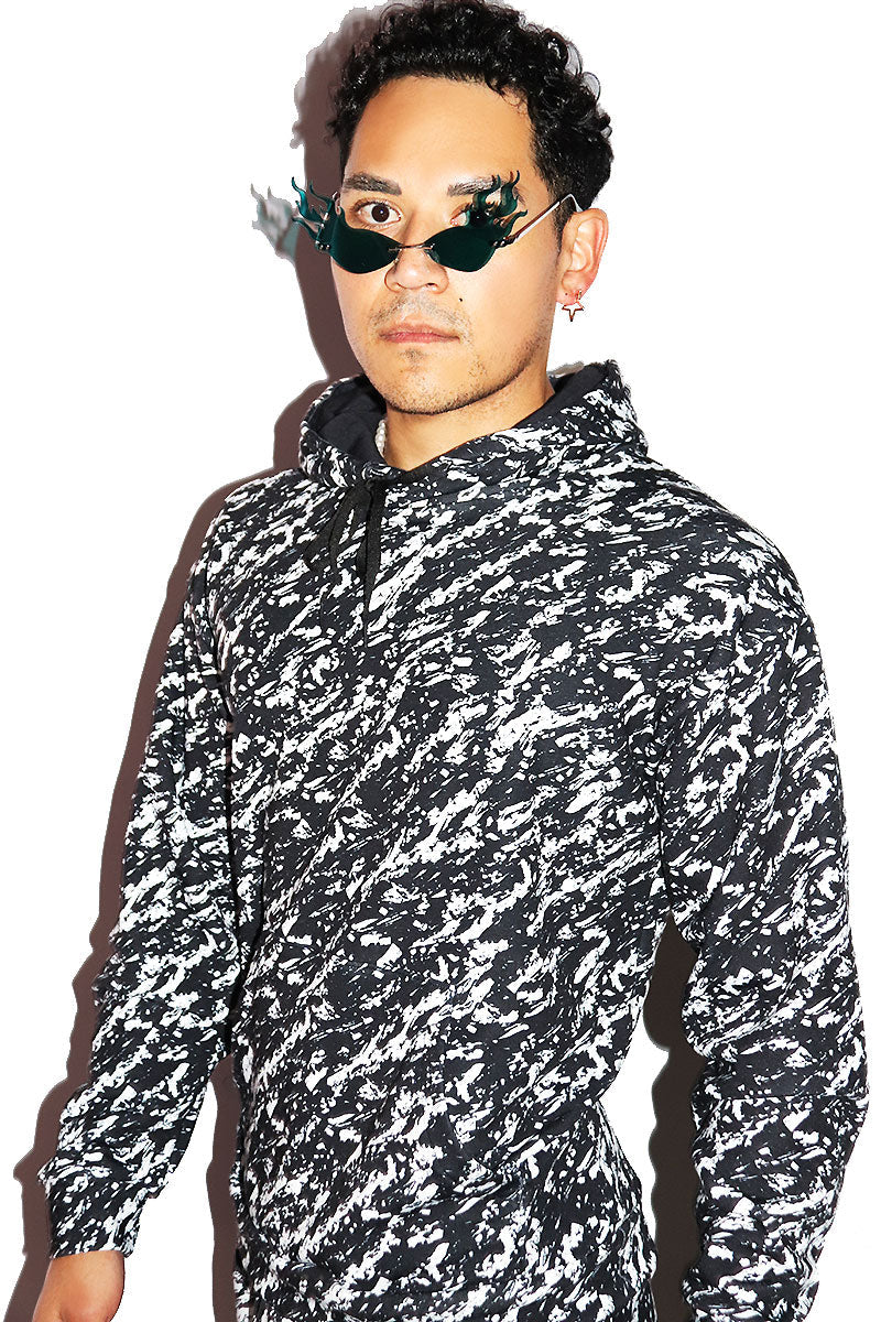 Motel Static All Over Print Long Sleeve Hoodie- Black