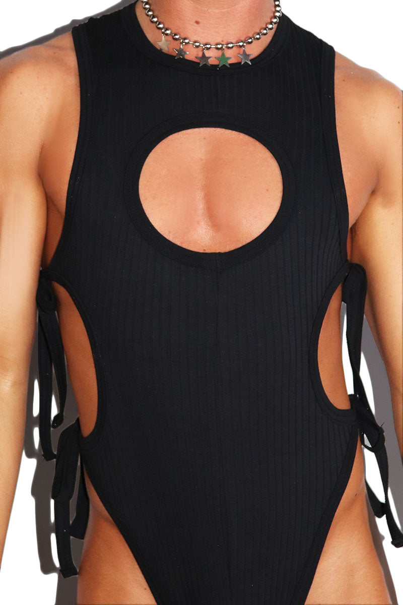 KNOT YOUR BUSINESS SLEEVELESS CUTOUT BODYSUIT in black