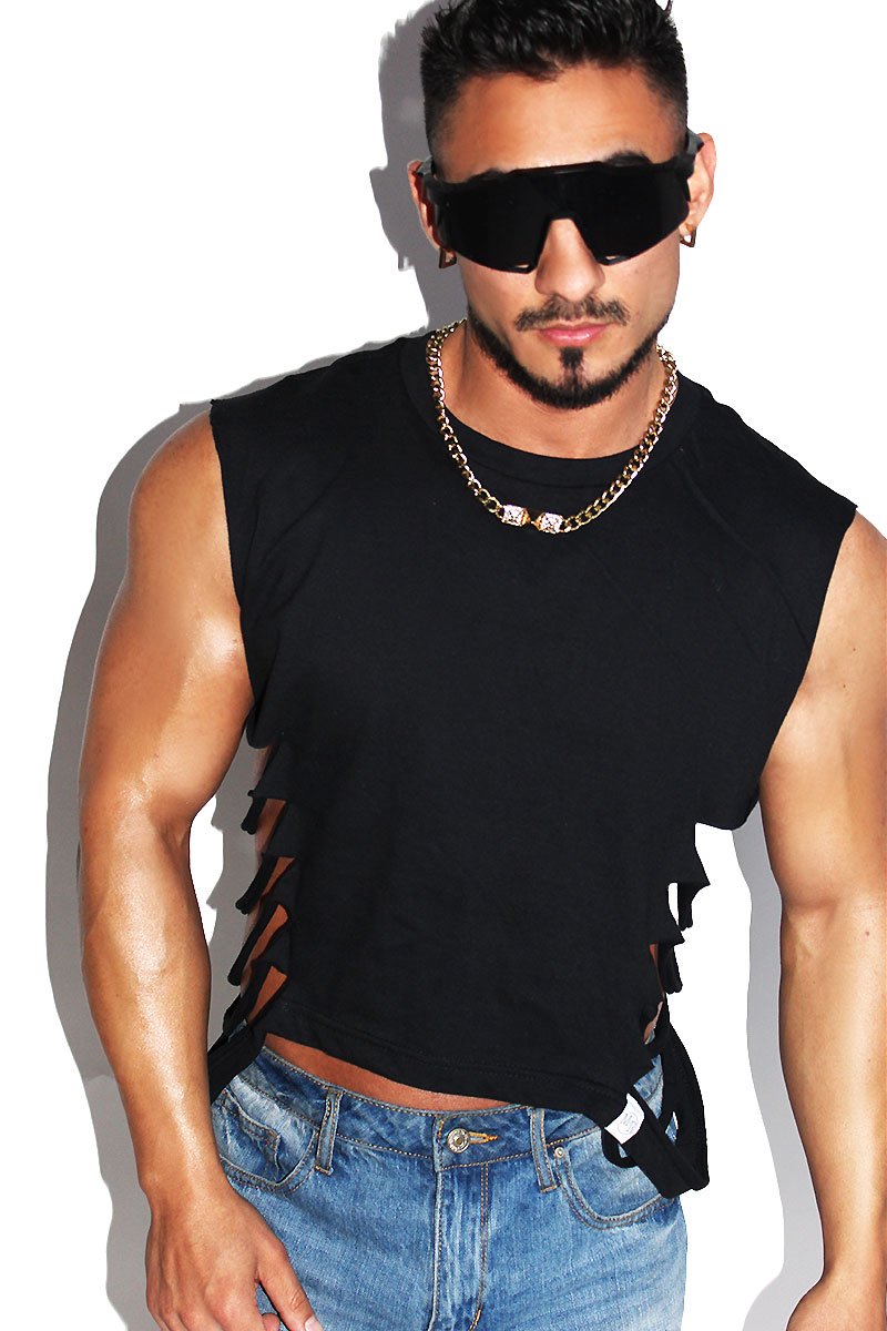 Shredded Oblique Crop Tank-Black