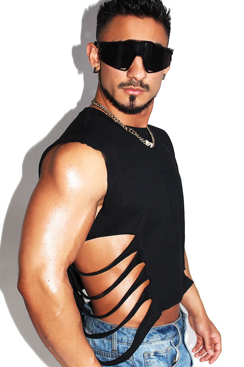 Shredded Oblique Crop Tank-Black