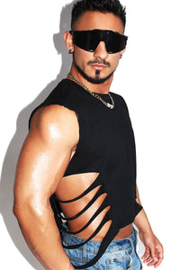 Shredded Oblique Crop Tank-Black