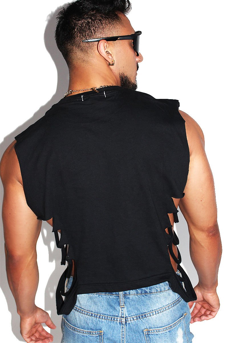 Shredded Oblique Crop Tank-Black