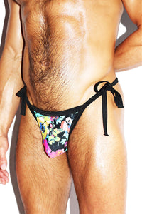 Aquatic Florals Tied Up String Thong - Black