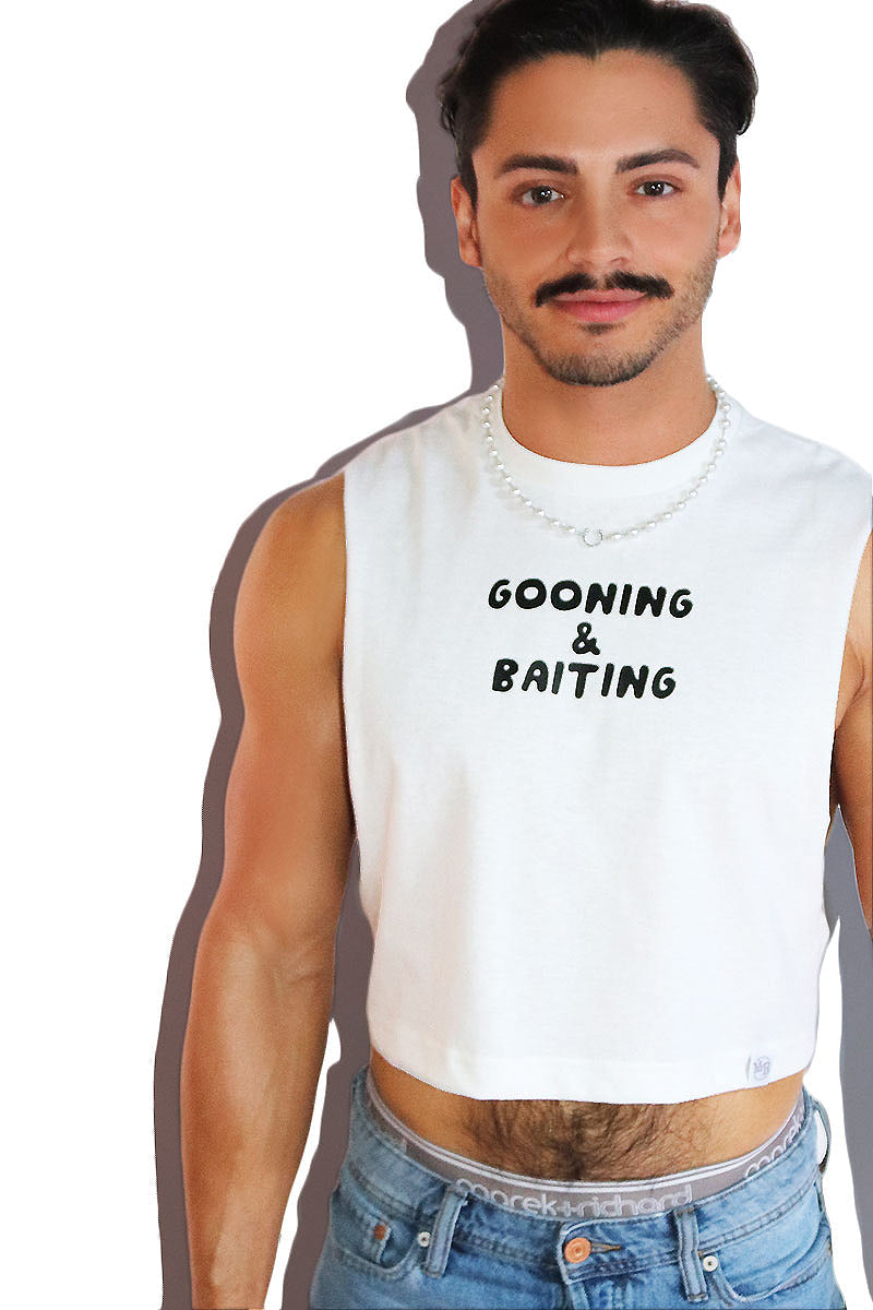 Gooning And Baiting Crop Low Armhole Tank -White