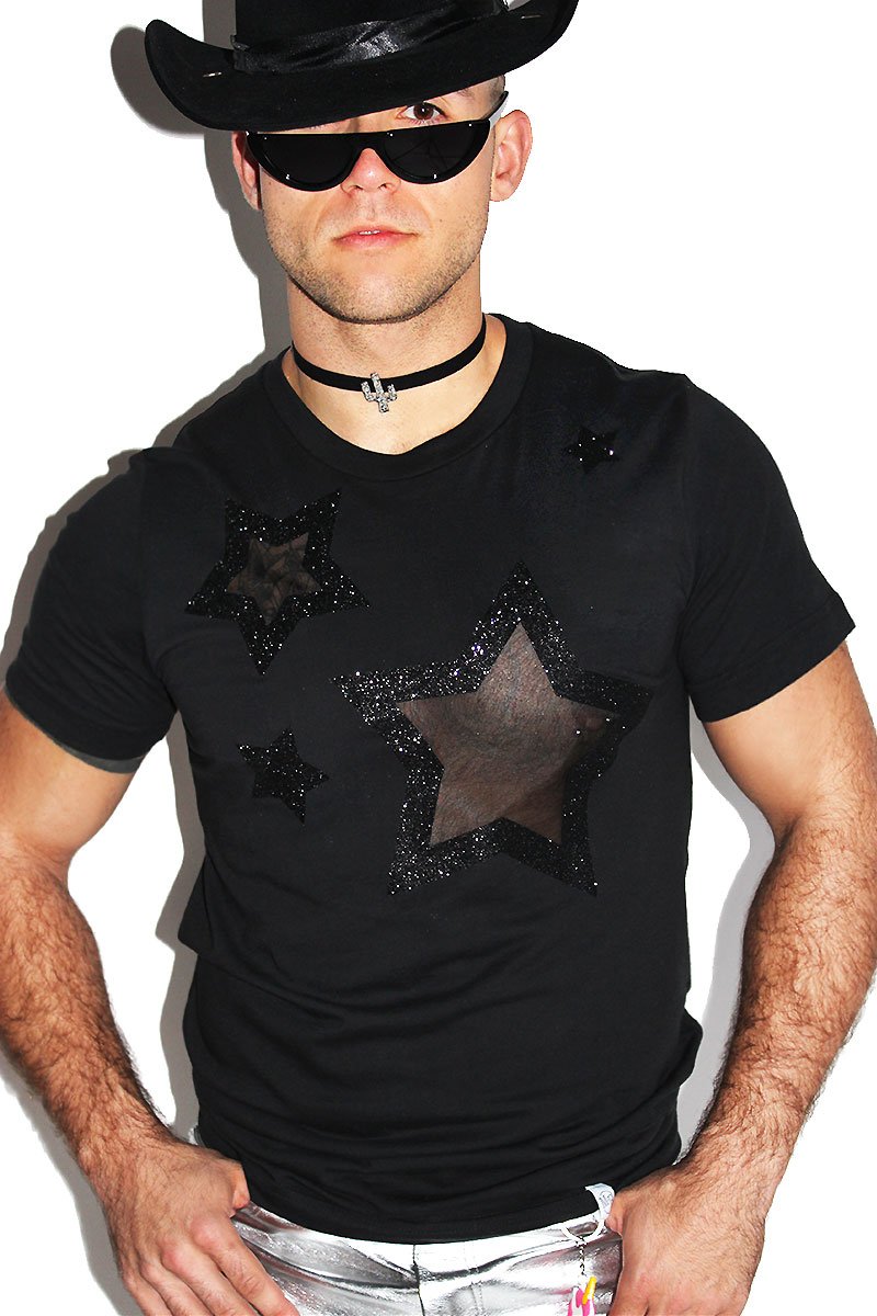 Star Mesh Cutout Tee-Black