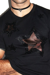 Star Mesh Cutout Tee-Black