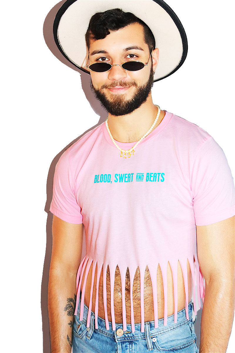 Blood, Sweat, And Beats Fringe Crop Tee- Pink