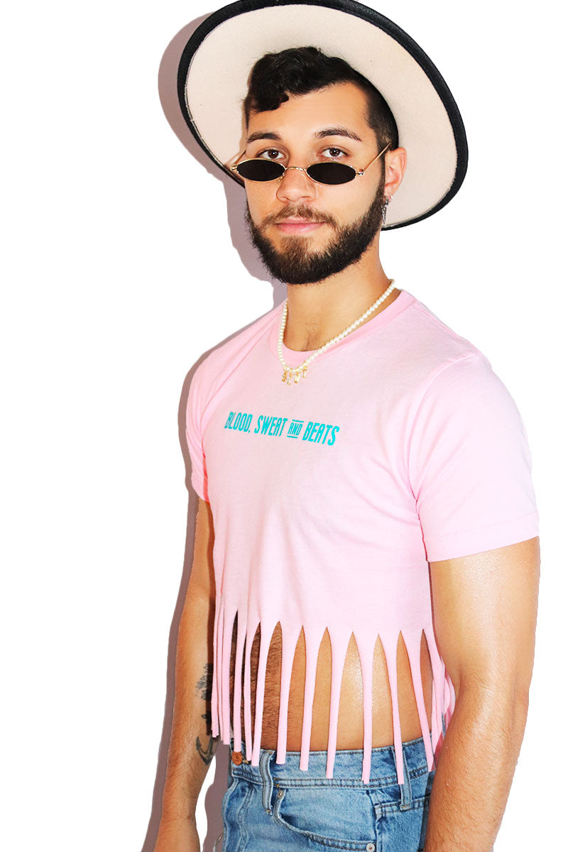 Blood, Sweat, And Beats Fringe Crop Tee- Pink