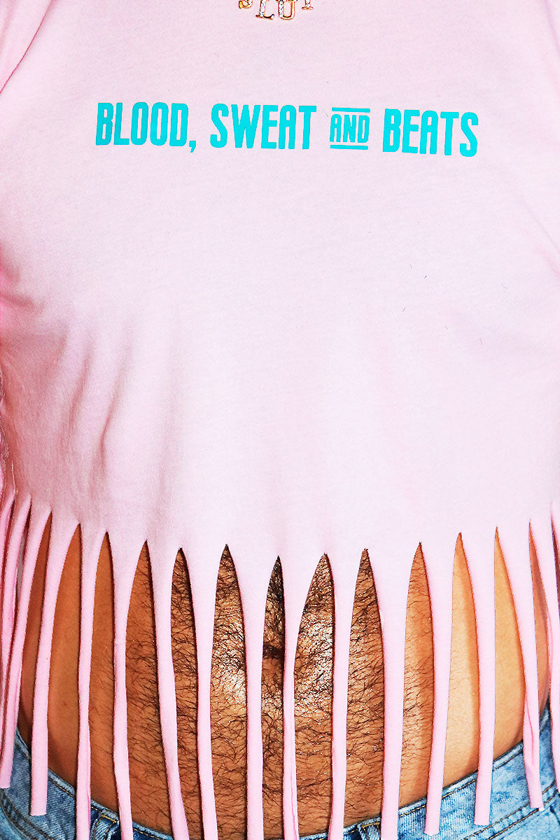 Blood, Sweat, And Beats Fringe Crop Tee- Pink