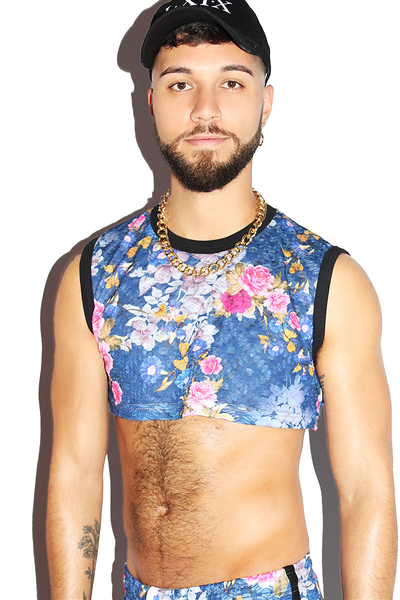 Eden Floral Lace Extreme Crop Tank- Blue