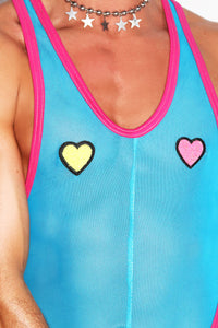 Rave Heart Pastie Mesh Thong Bodysuit- Blue