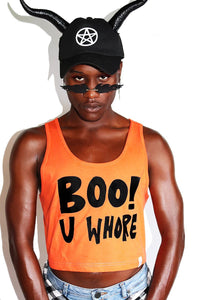 Boo You Whore Crop Racerback Tank-Orange