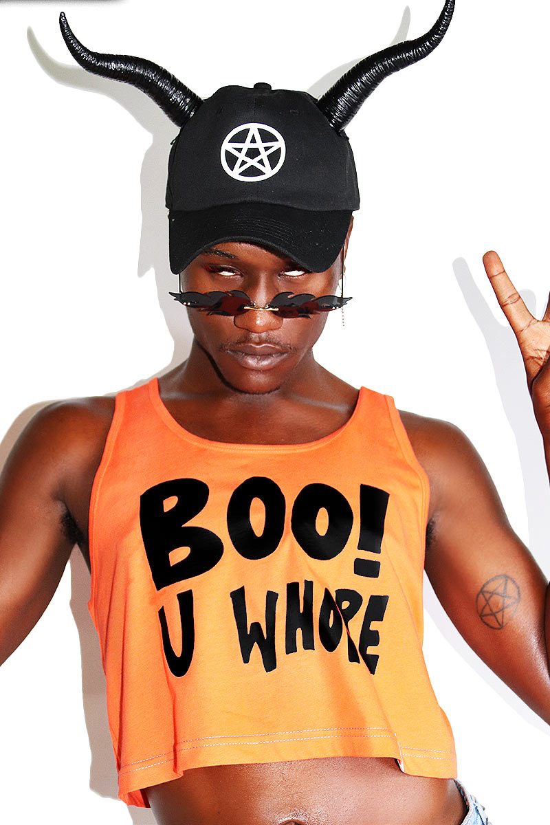 Boo You Whore Crop Racerback Tank-Orange