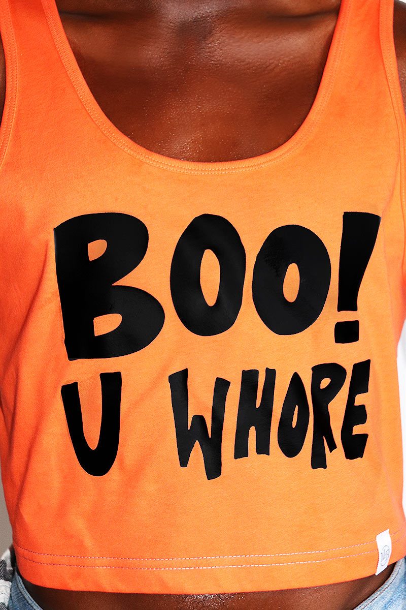Boo You Whore Crop Racerback Tank-Orange