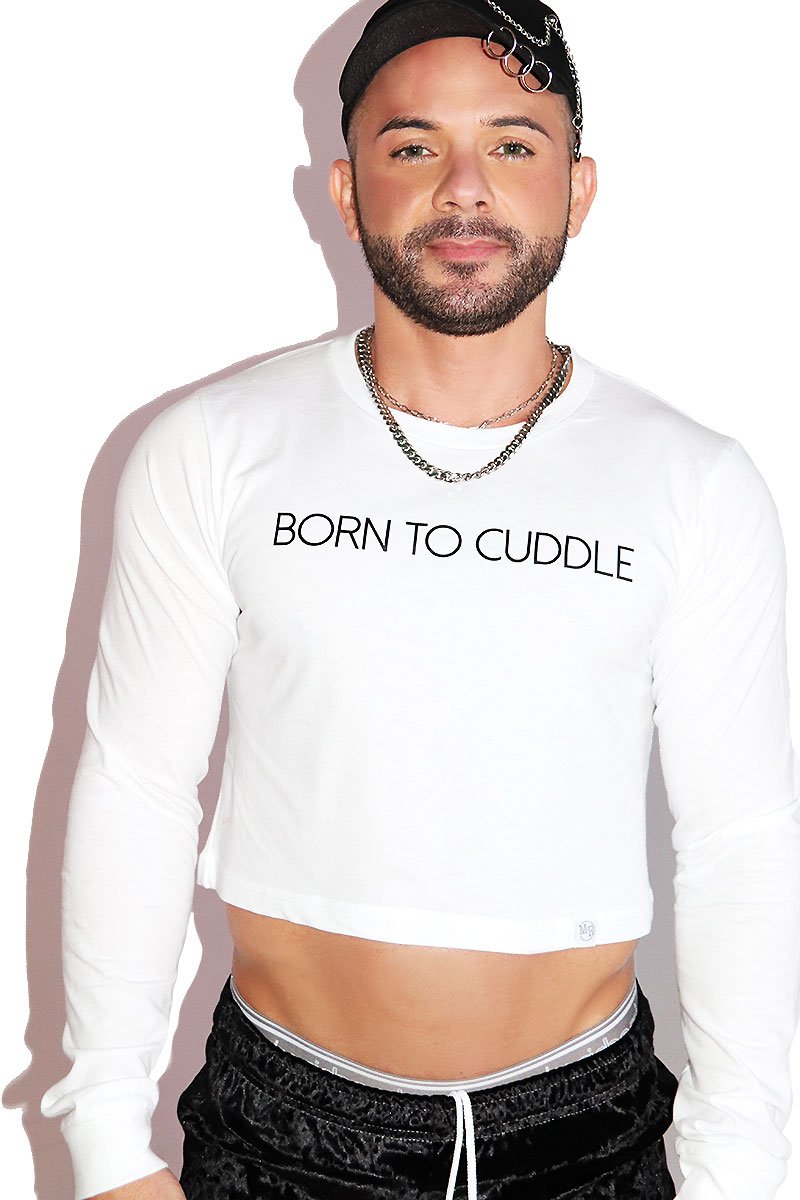 Born To Cuddle Long Sleeve Crop Tee- White