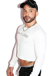 Born To Cuddle Long Sleeve Crop Tee- White