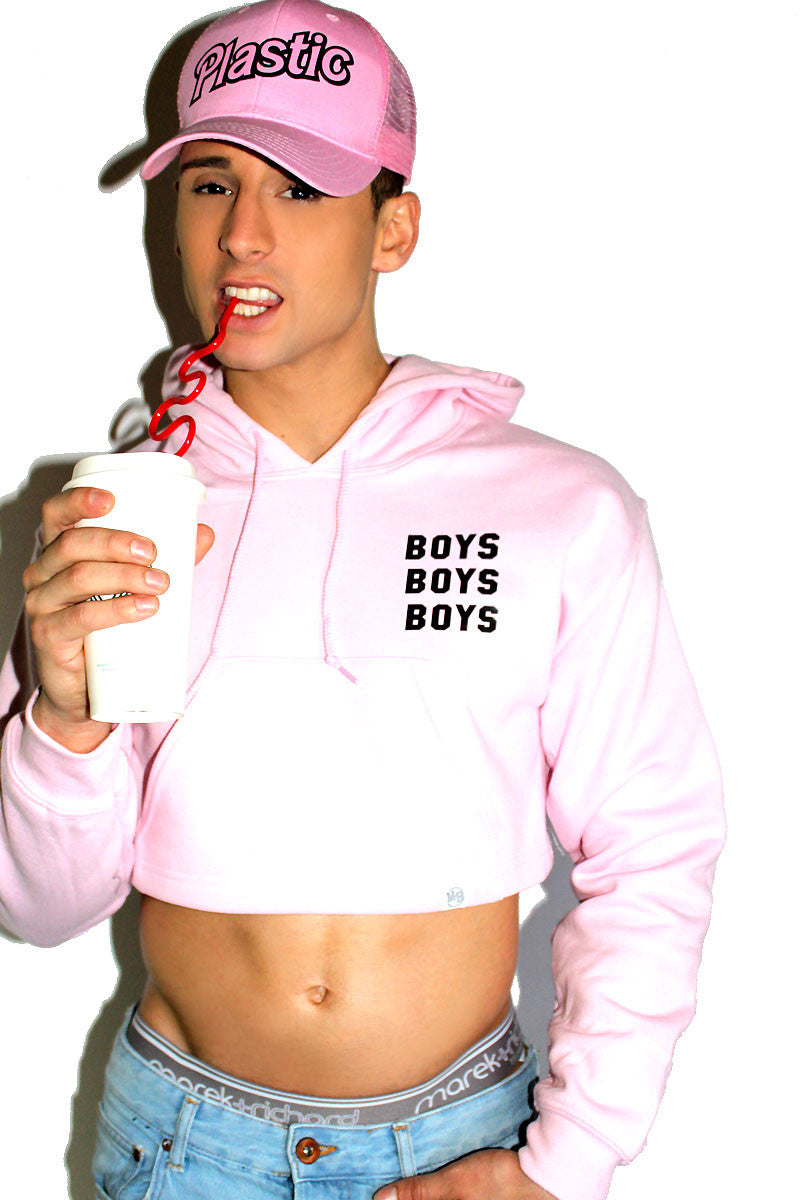 Boy Crazy Crop Long Sleeve Hoodie-Pink