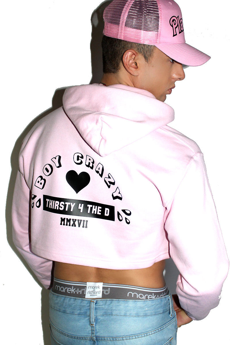 Boy Crazy Crop Long Sleeve Hoodie-Pink