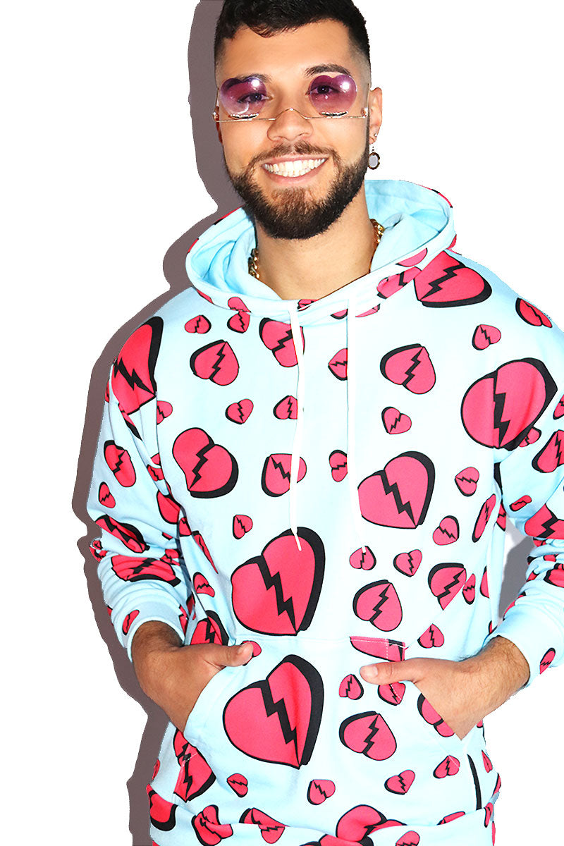 Broken Heart All Over Print Long Sleeve Hoodie- Sky Blue