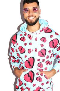 Broken Heart All Over Print Long Sleeve Hoodie- Sky Blue