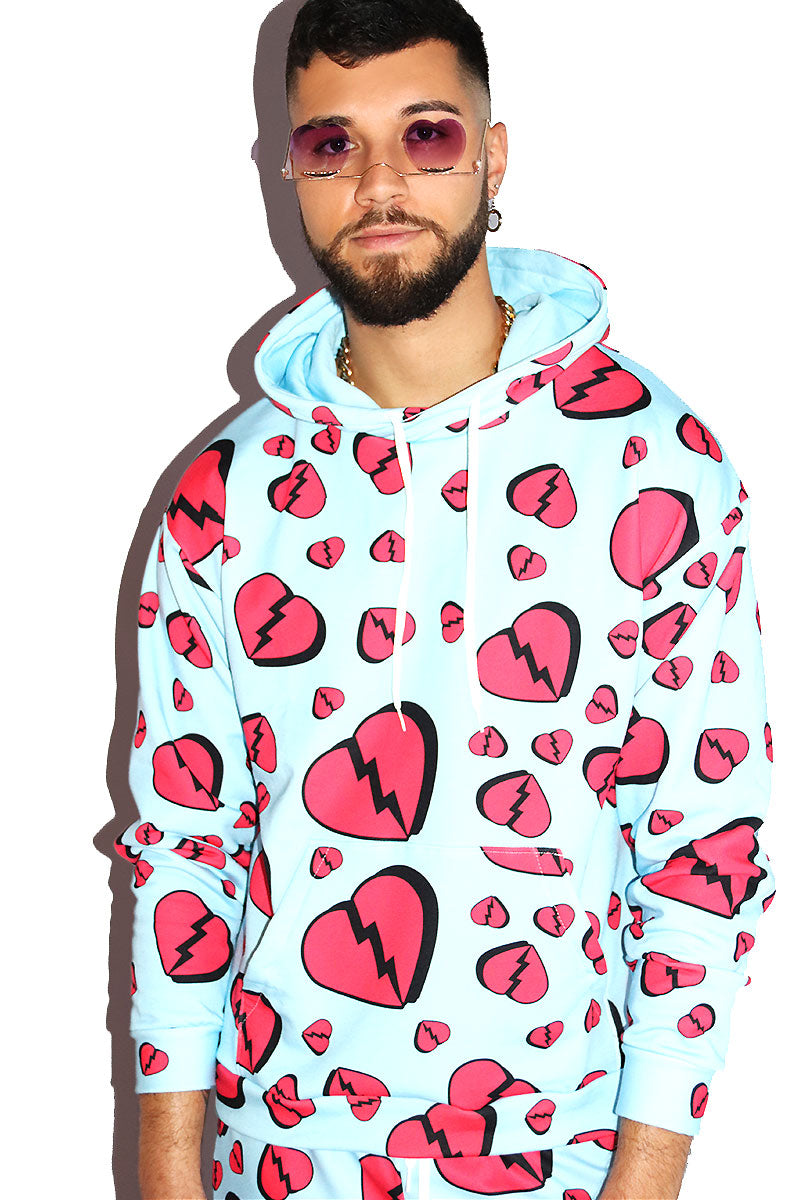 Broken Heart All Over Print Long Sleeve Hoodie- Sky Blue