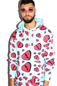 Broken Heart All Over Print Long Sleeve Hoodie- Sky Blue