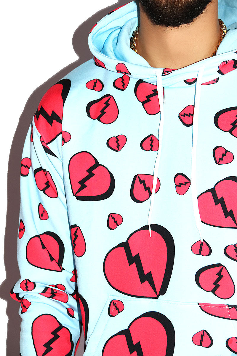 Broken Heart All Over Print Long Sleeve Hoodie- Sky Blue