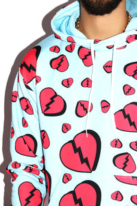 Broken Heart All Over Print Long Sleeve Hoodie- Sky Blue