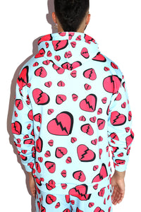 Broken Heart All Over Print Long Sleeve Hoodie- Sky Blue