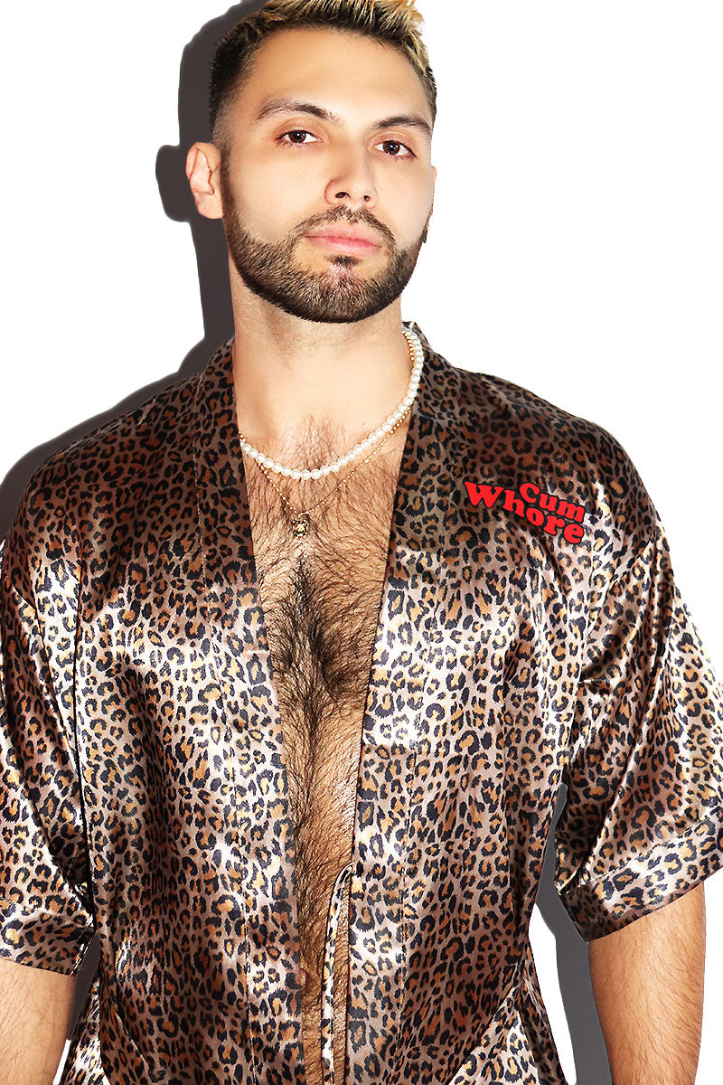 Cum Whore Animal Print Lounge Robe- Black