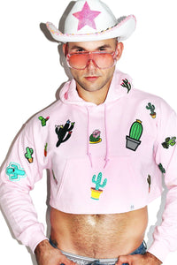 Cactus Patches Crop Long Sleeve Hoodie-Pink