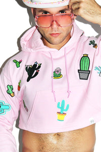 Cactus Patches Crop Long Sleeve Hoodie-Pink