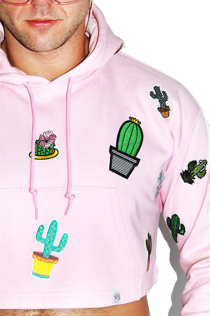 Cactus Patches Crop Long Sleeve Hoodie-Pink