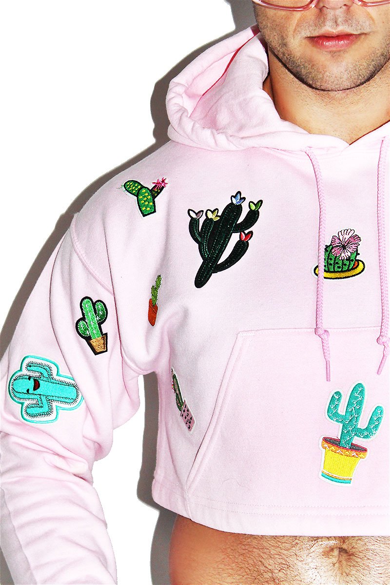 Cactus Patches Crop Long Sleeve Hoodie-Pink