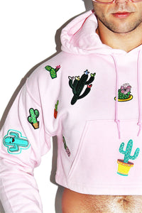 Cactus Patches Crop Long Sleeve Hoodie-Pink