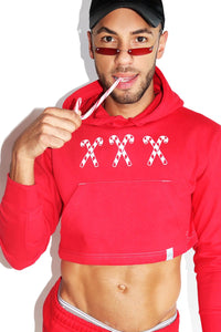 XXX Candy Cane Long Sleeve Crop Hoodie- Red