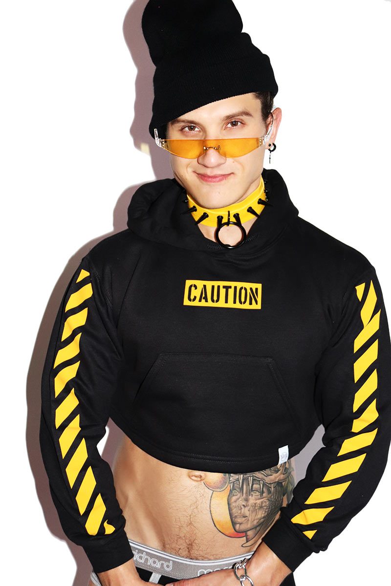 Caution Long Sleeve Crop Hoodie- Black