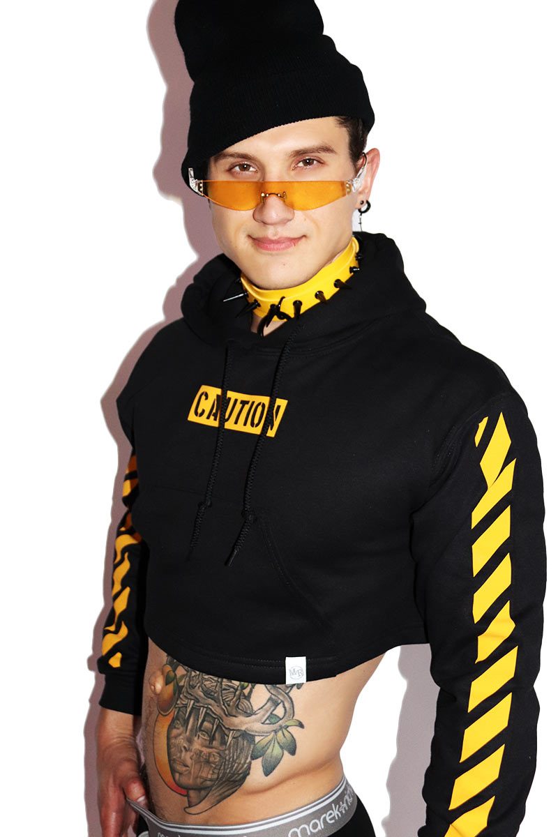 Caution Long Sleeve Crop Hoodie- Black