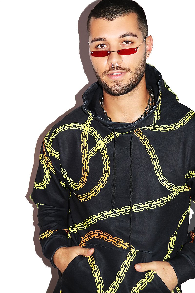 Chains All Over Print Long Sleeve Hoodie- Black